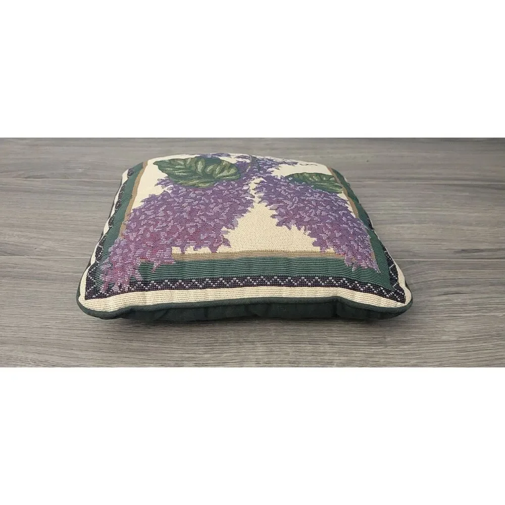 VTG Floral Tapestry Throw Pillow Purple Lilac Green Leaves Script Lettering